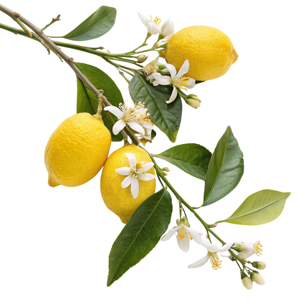 A group of lemons on a branch with leaves and flowers isolated on a transparent background png