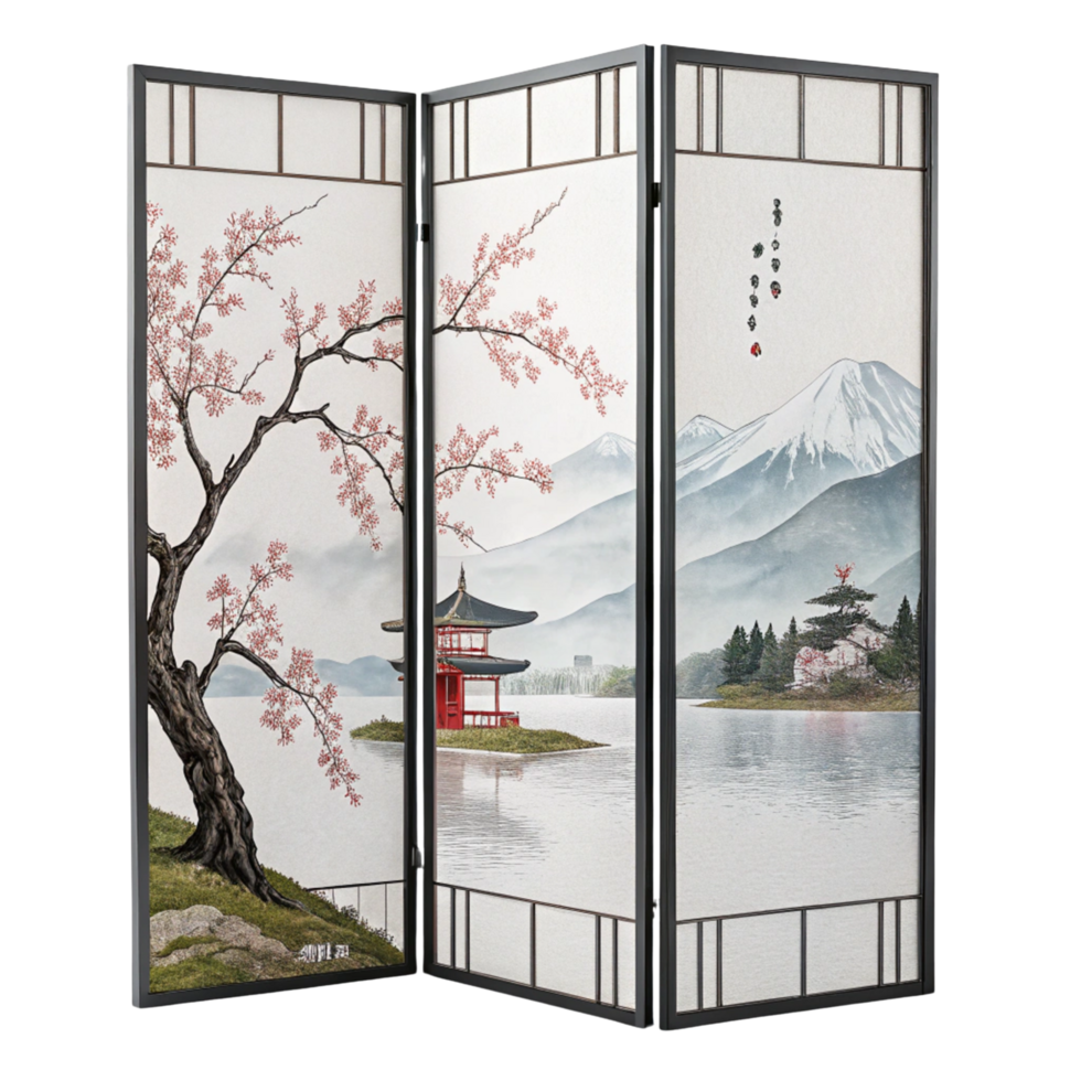 three folding screens with a painting of a mountain and a red pagoda png