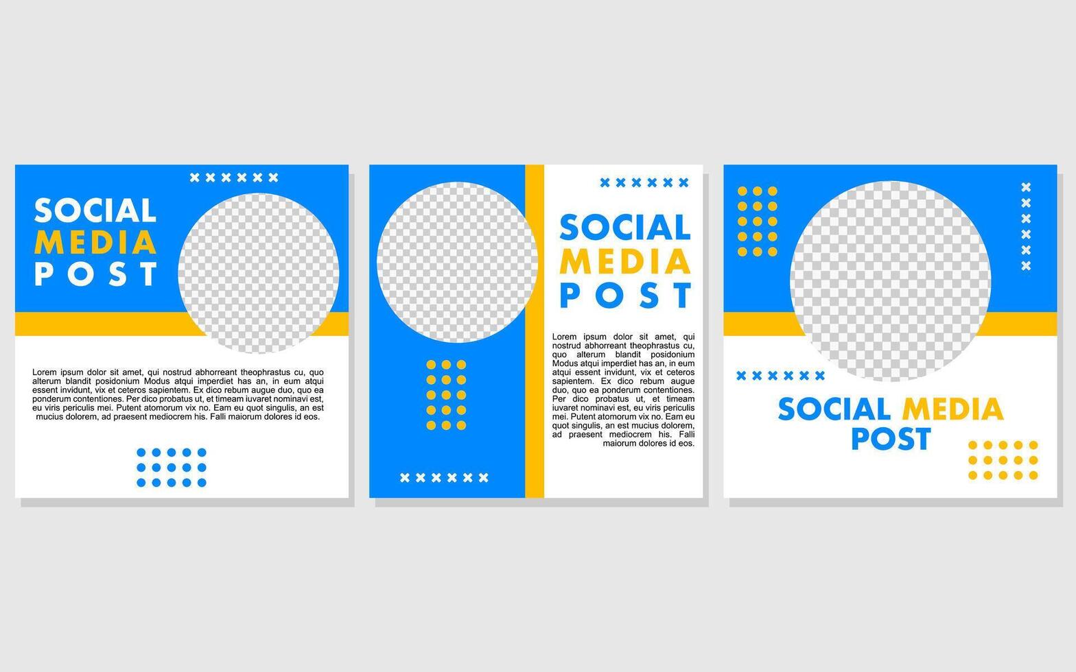 Social media post three templates with blue and yellow designs. vector