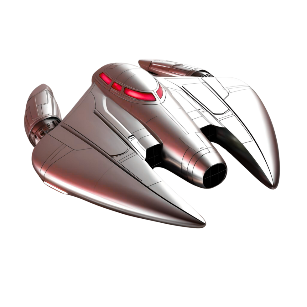 A silver spaceship with red lights isolated on a transparent background png