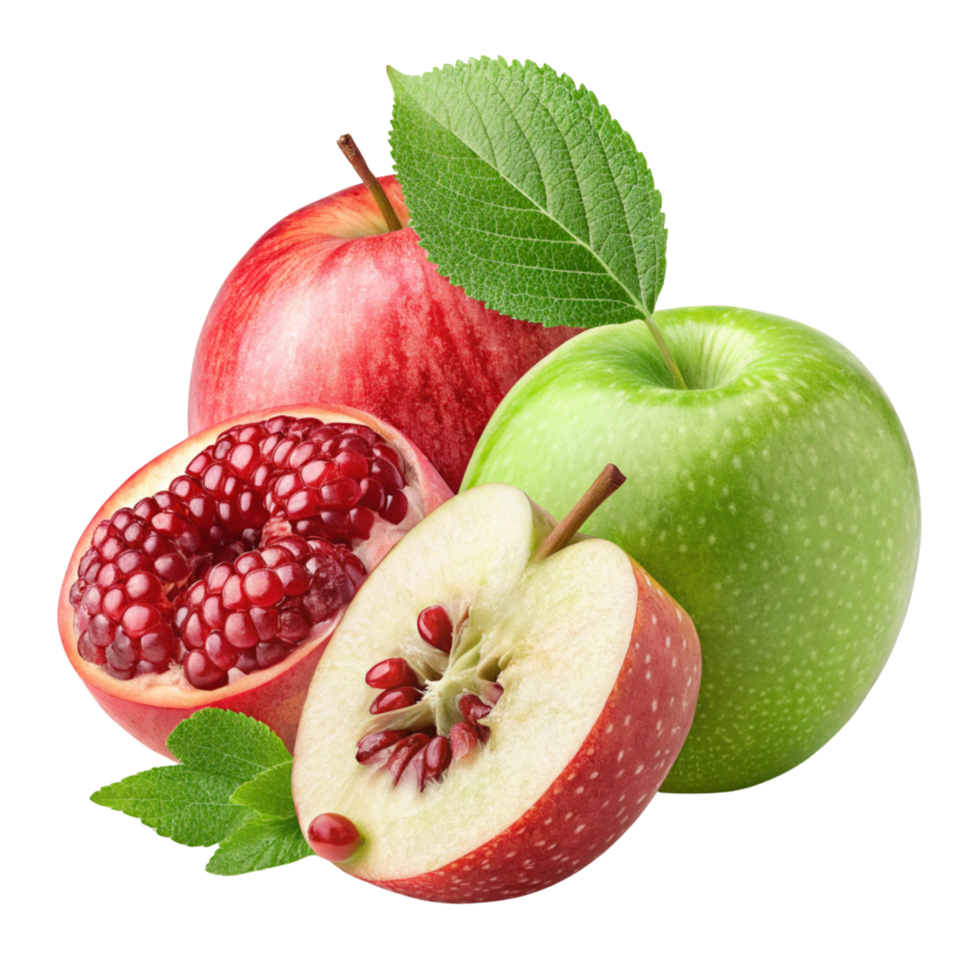red and green apples with leaves on them png