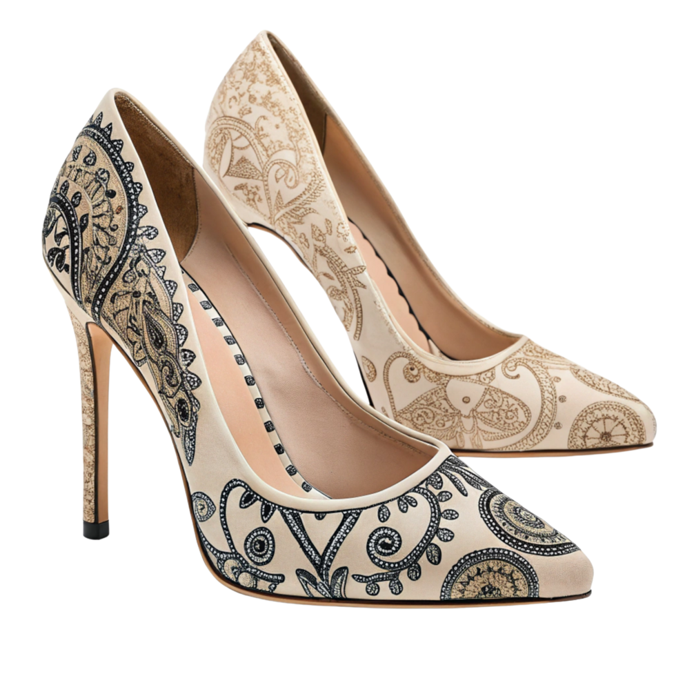 two high heels with paisley designs on them png