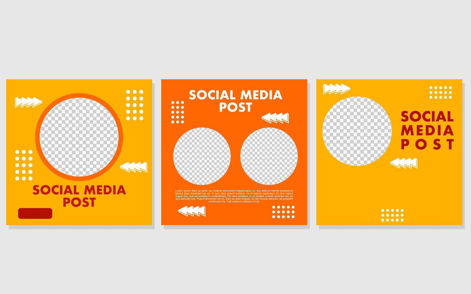 Social media post templates feature three vibrant orange and yellow designs with white text. vector