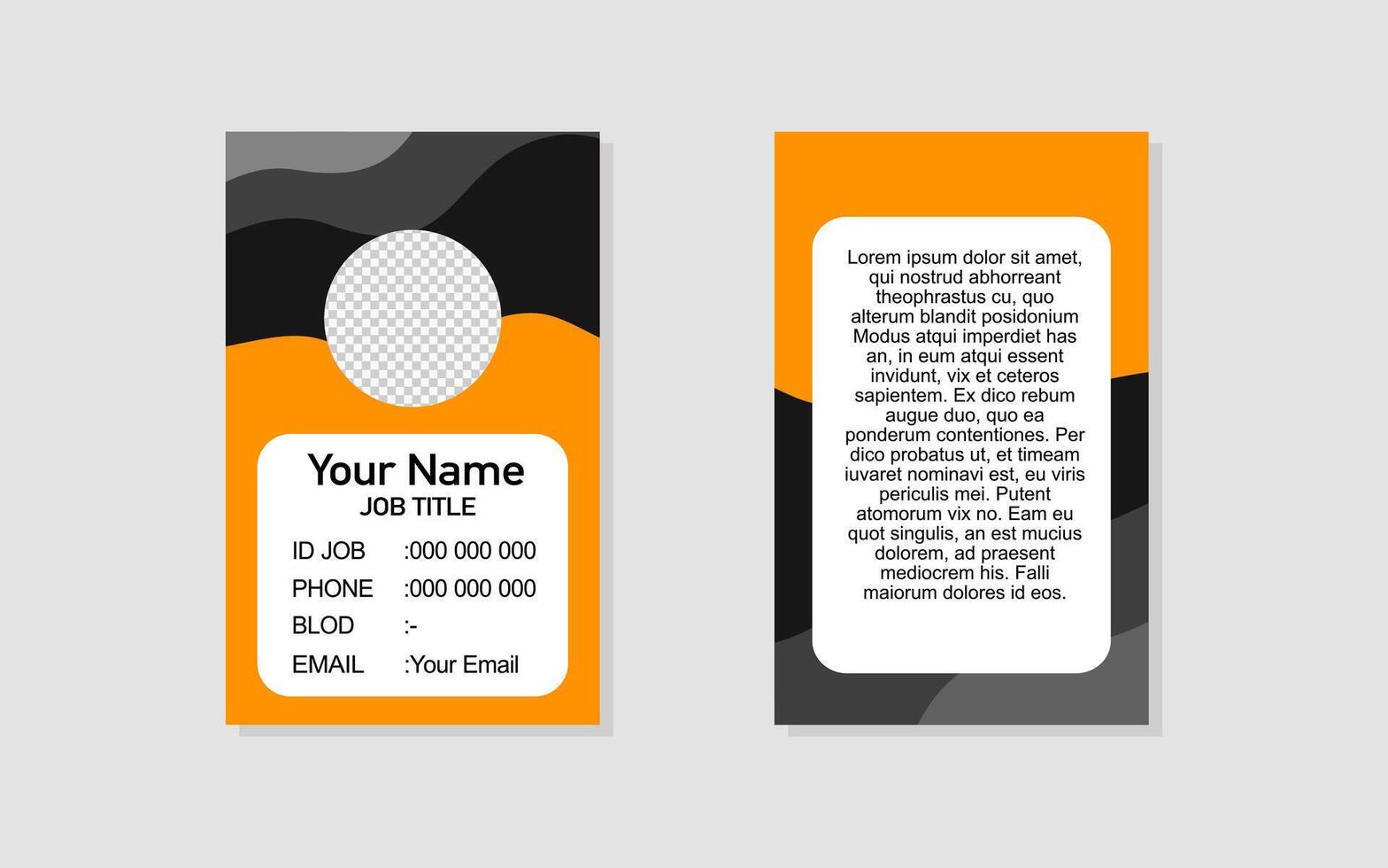Id card featuring a business card with an orange and black design. vector