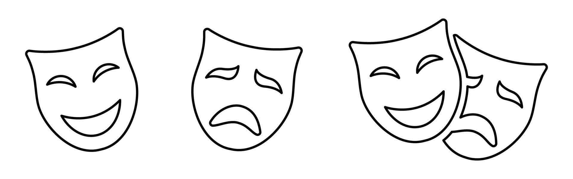 Comedy and tragedy theater masks outline drawing. vector
