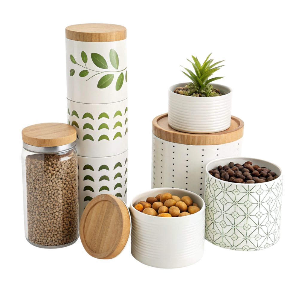 various containers with plants and beans on them png