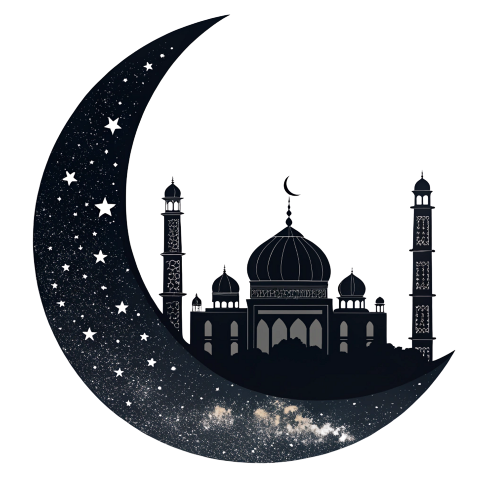islamic mosque silhouette with stars and moon on transparent background png