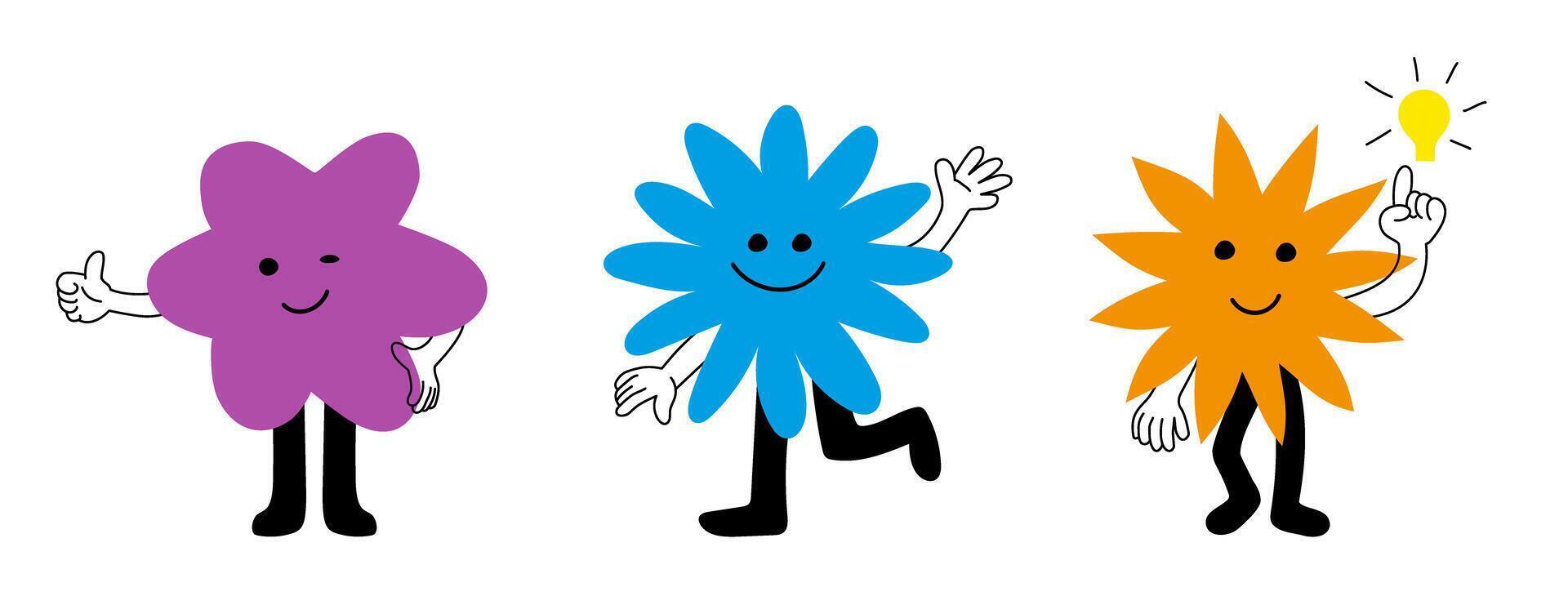 Colorful flower characters with smiling faces and playful poses. vector