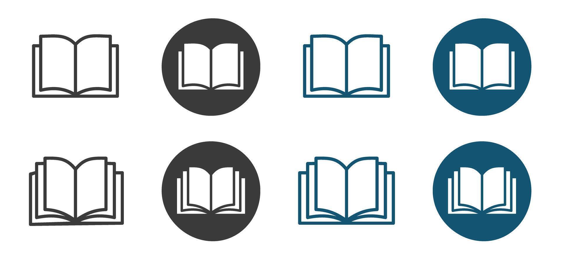Set of open book icons in black and blue variations with circle backgrounds vector