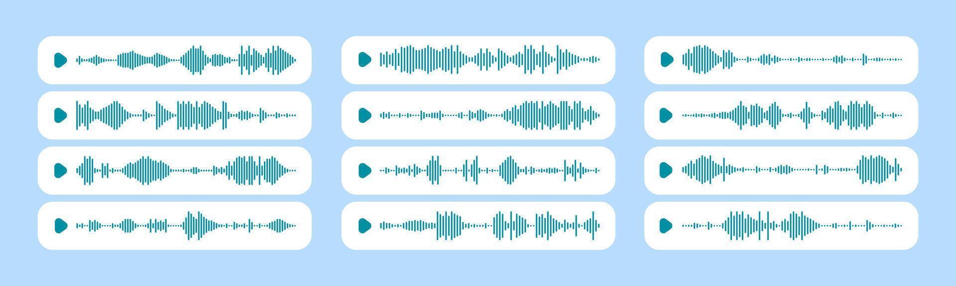 Audio waveform collection on blue background with play buttons vector