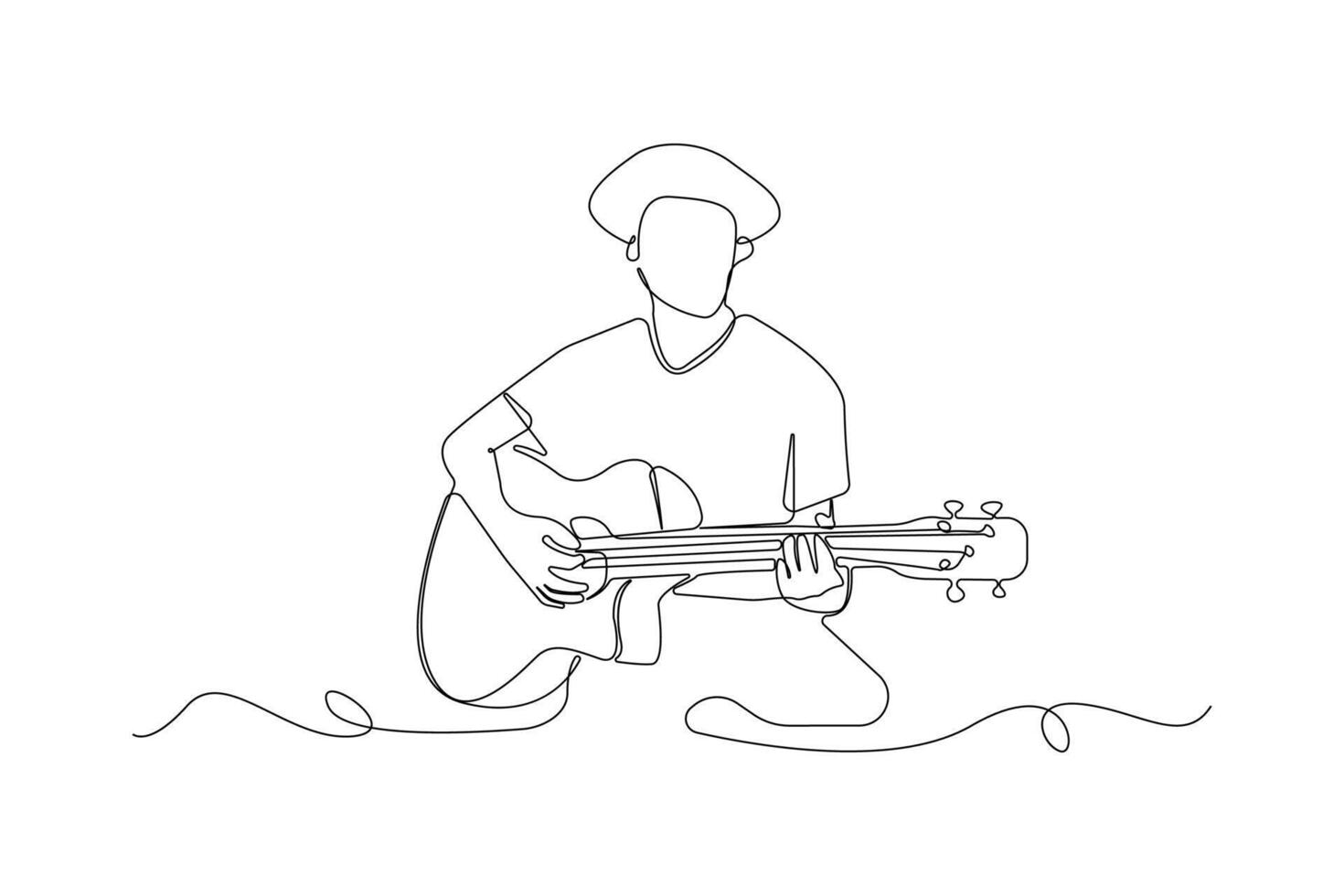 Young man playing guitar one line art drawing. Guitarist continuous outline vector