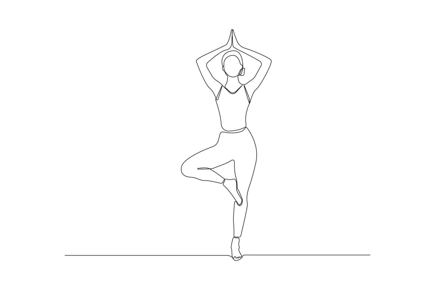 Tree pose yoga one-line art drawing. Woman doing tree pose yoga continuous outline vector