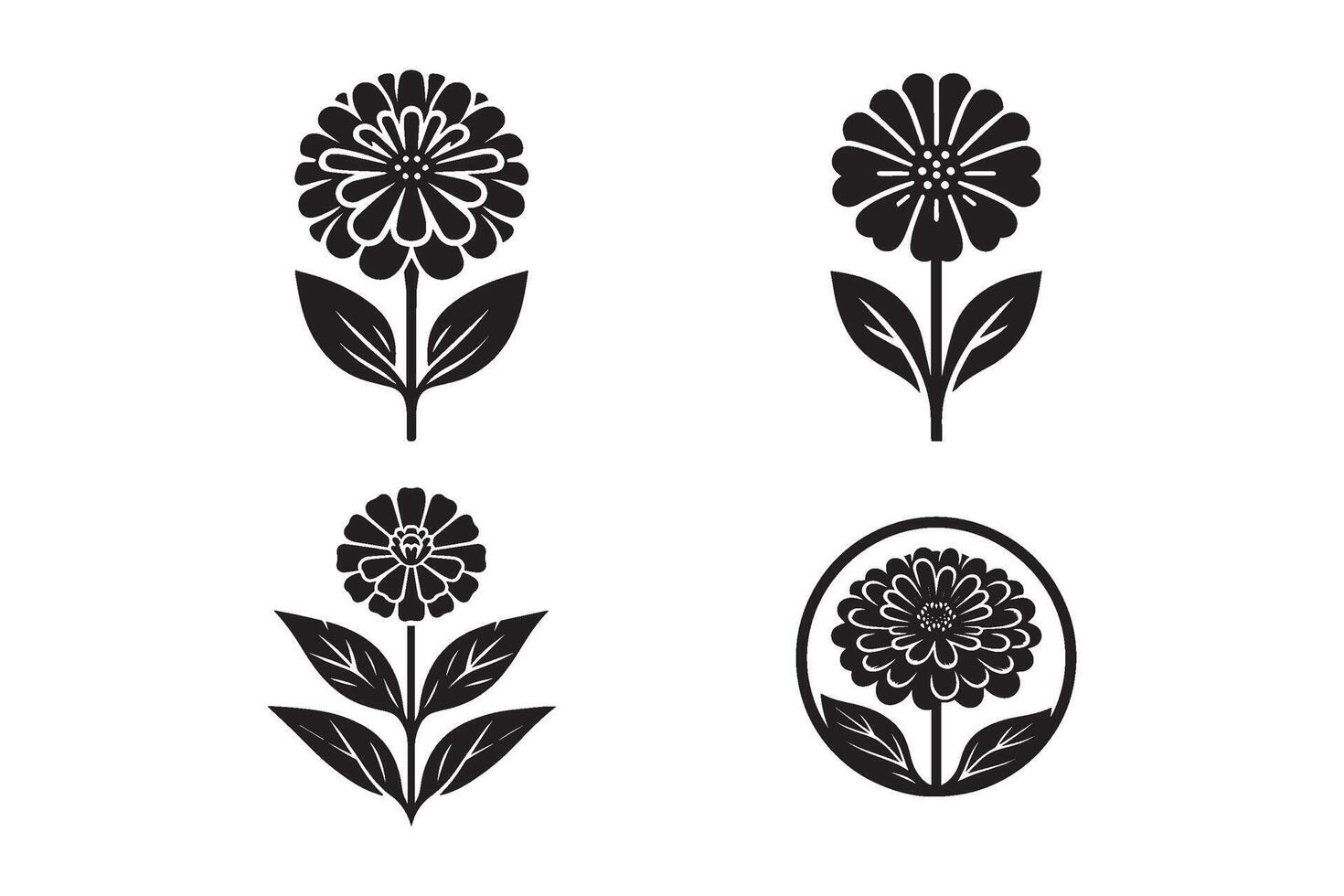 Set of zinnia flower logo icon. Zinnia flower silhouette vector