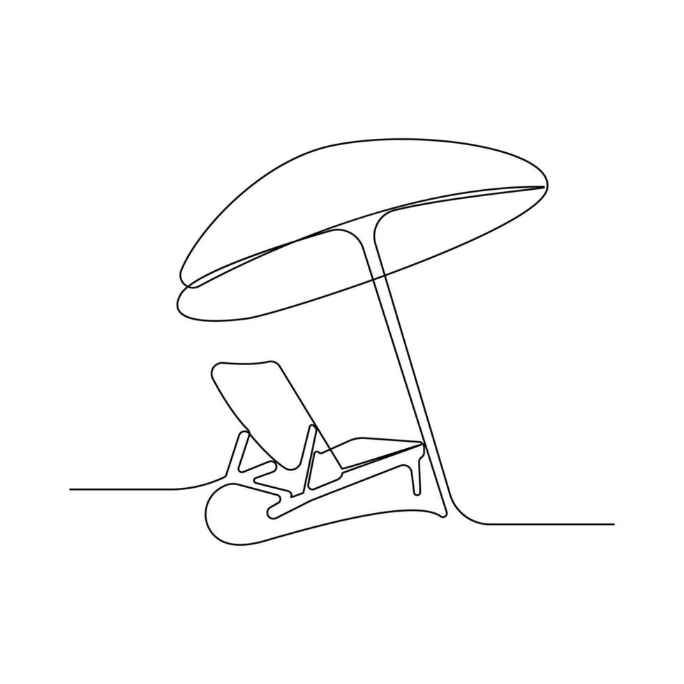 Beach chair with umbrella continuous line art drawing. Summer vacation concept linear icon. vector