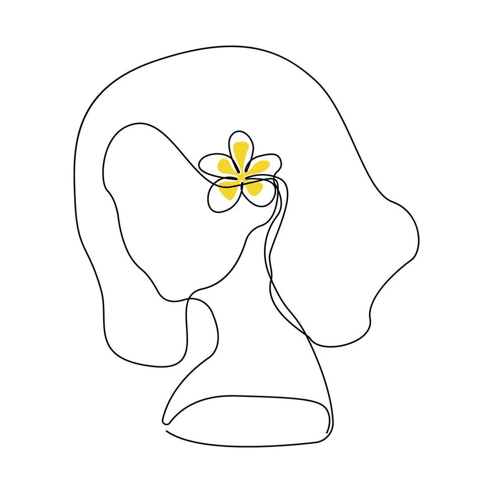 Beautiful woman with plumeria flower in her hair continuous line art drawing. Woman with flower concept linear icon. vector