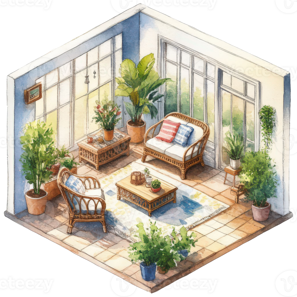 An inviting interior scene filled with cozy seating and lush greenery. The space is bathed in natural light and features a tranquil atmosphere png