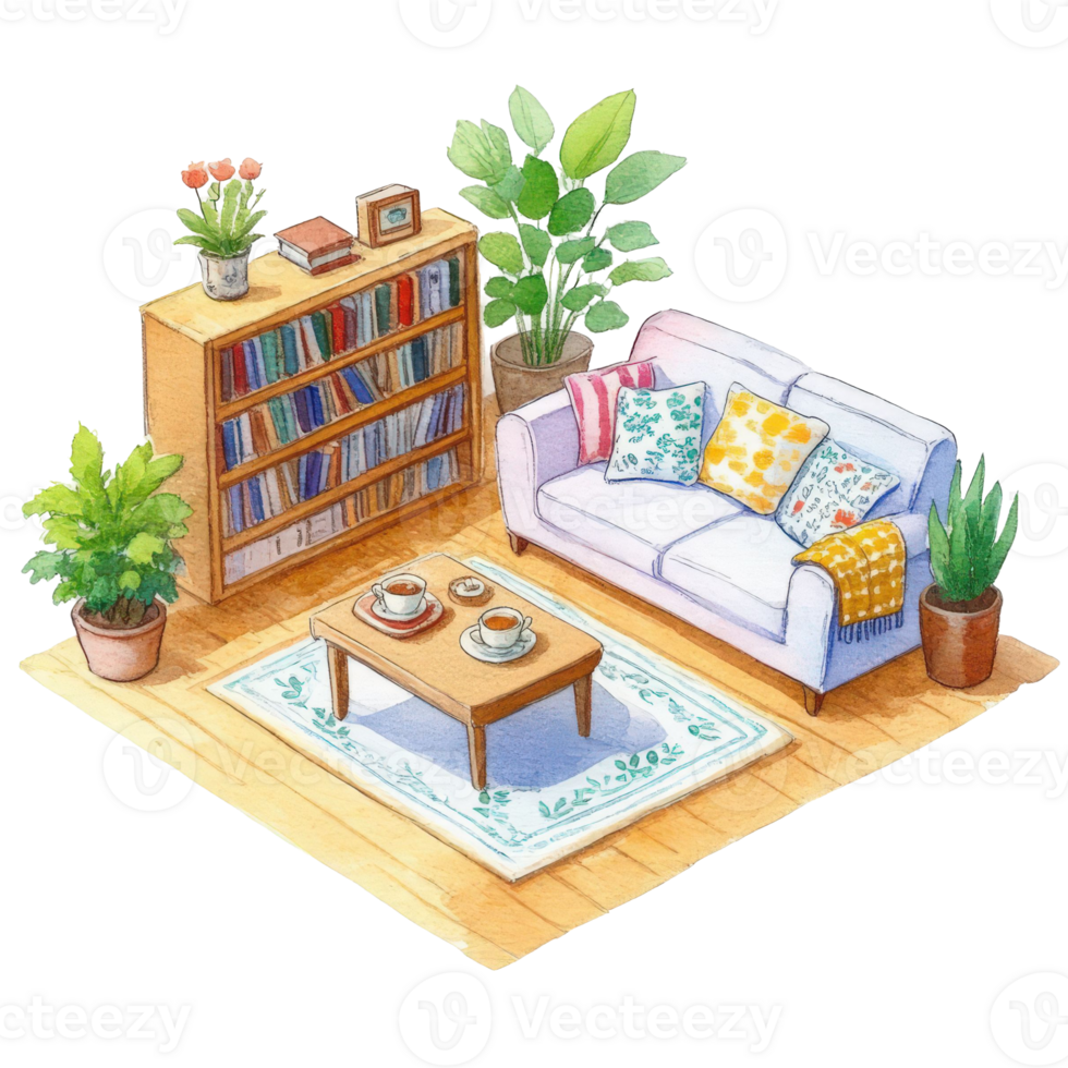 cozy living room interior with a sofa, coffee table, and a bookshelf filled with books, creating a comfortable and inviting atmosphere png