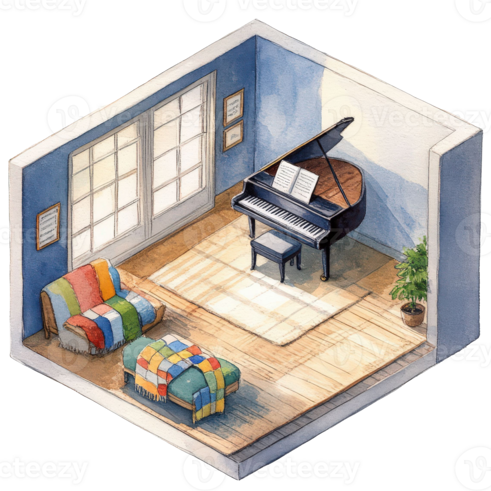 A cozy room interior featuring a grand piano, a comfy chair, and natural light from a large window. The scene invites you to relax and enjoy the tranquility. png