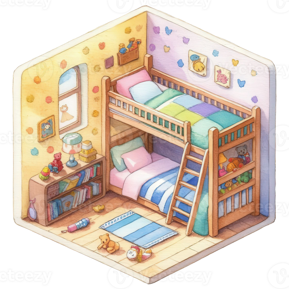A charming children's bedroom with a bunk bed, toys, and a cozy atmosphere. The room is decorated in soft, pastel colors, creating a cheerful and inviting space. png