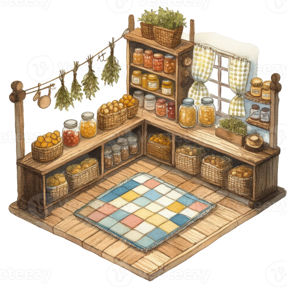 Cozy country store with shelves stocked with jars of preserves, baskets of fruit, and herbs hanging from the ceiling. The quaint shop features a checkered floor mat and wooden shelves png