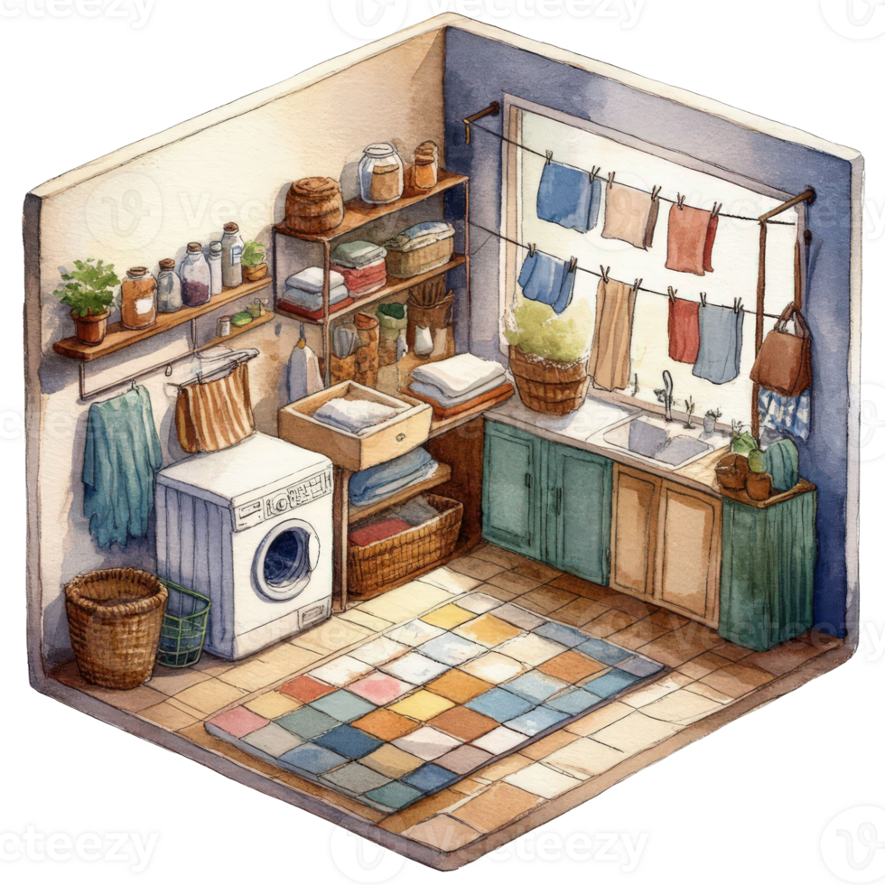 Cozy laundry room illustration with rustic cabinets, washing machine, and clothesline. png