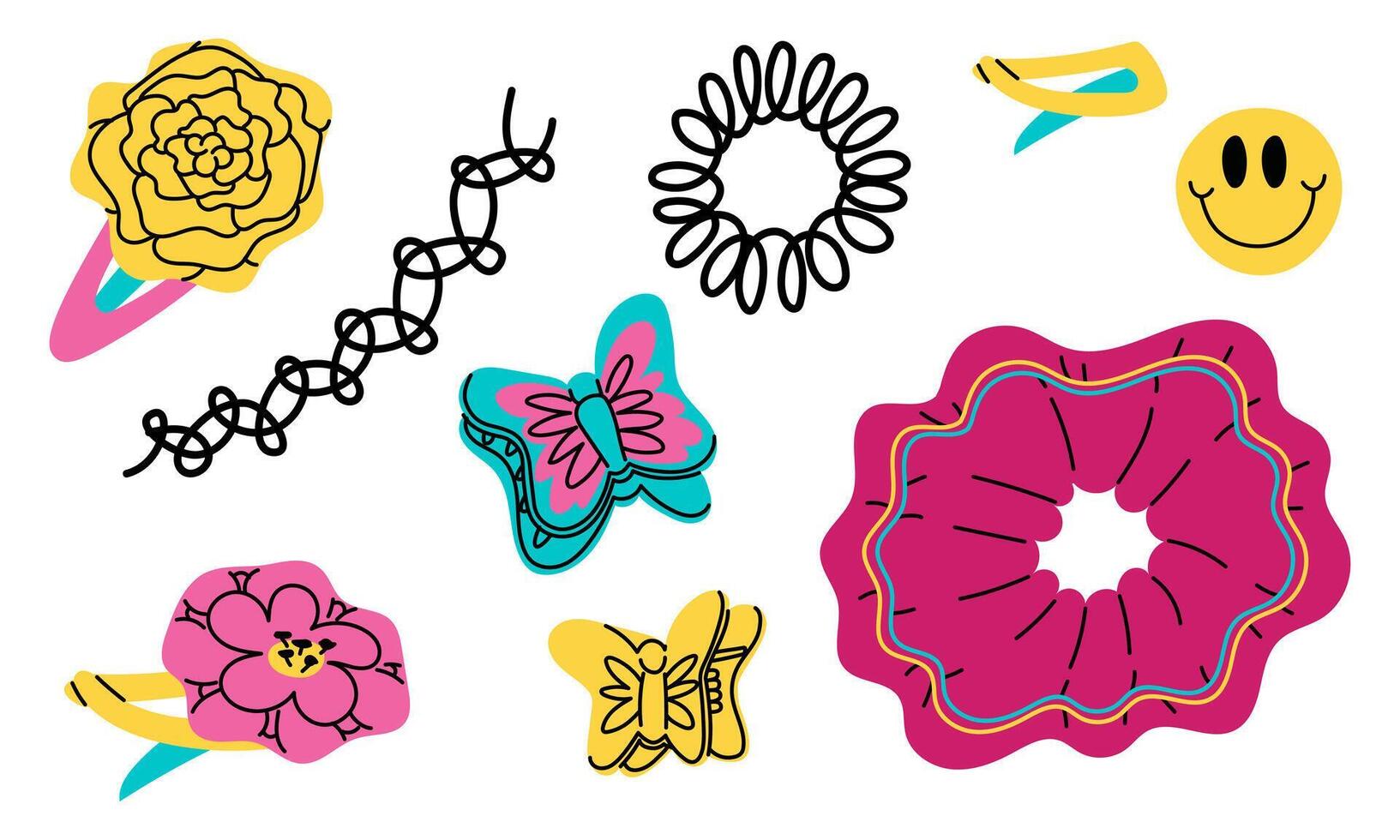 set of hairpins, elastic bands for the hair of the 90s. Flat color illustration with doodle elements. Hair accessories, hairdressing accessories. collection of colored elastic bands for fabric. vivid vector