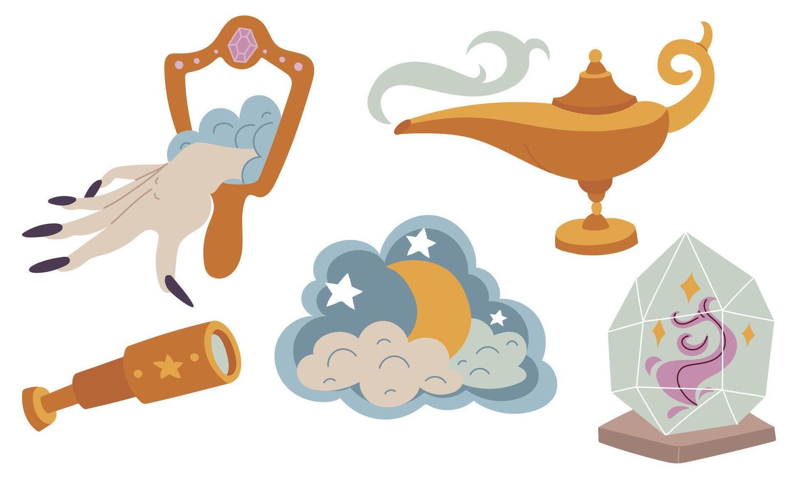set is magically colored. Mirror, crystal, moon, telescope, flat-style gin lamp. Colored. Suitable for fantasy projects, books, games, and artwork related to magic, alchemy, and mystical rituals. vector