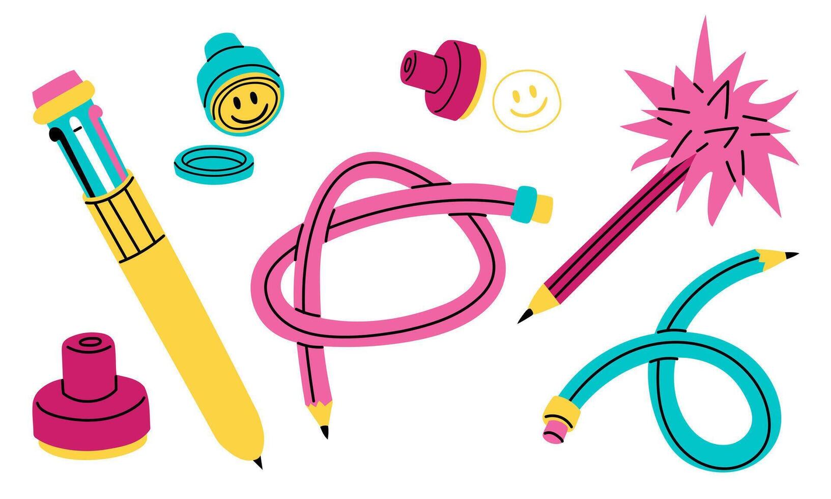 drawing set from 2000s. flexible pencil, pencil with fluff, pen with multicolored ink, body stamp. Flat color illustration. nostalgic stationery item. Suitable theme of childhood, school, creativity vector