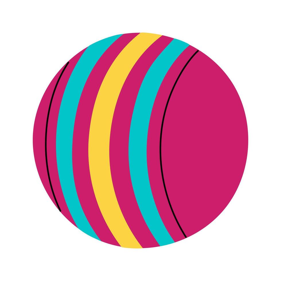 Retro rubber ball. A vivid illustration of a striped ball. Flat doodle illustration of a croquet ball icon for web design. The insulated toy is round for playing. Striped round ball vector