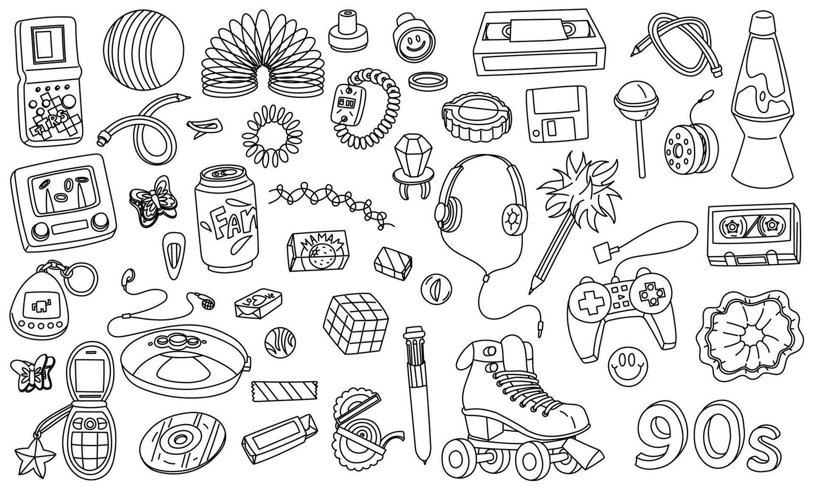 set of retro 90s elements. doodle is black. concept of the 90s. Player, games, pencil, jewelry, food, drinks, disc, cassette, videos. Items for children. Y2K, 2000s, set of retro elements from the 90s vector