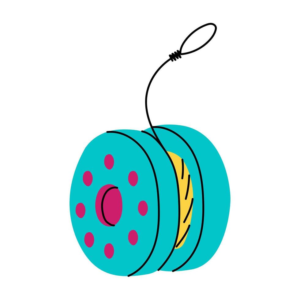 A Yo-Yo toy. Flat color retro illustration. An isolated bright object with doodle motifs. Rope toy of the 90s, 2000s toys for children. National Yo-Yo Day vector
