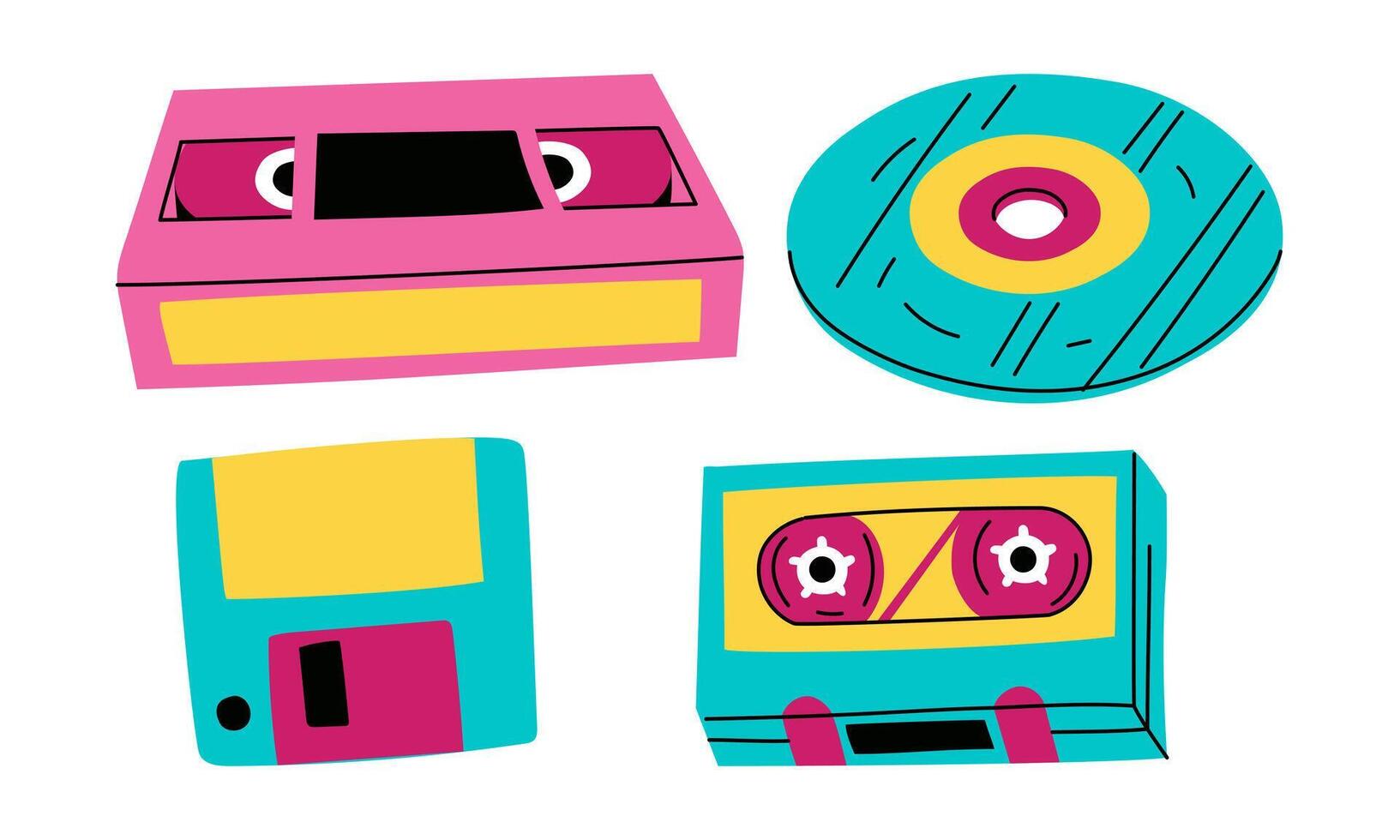 set of audio and vide data storage from the 90s and 2000s. Flat color illustration. pop-retro for greeting cards or posters, for printing on clothes. Fashion and style, clothes and accessories vector