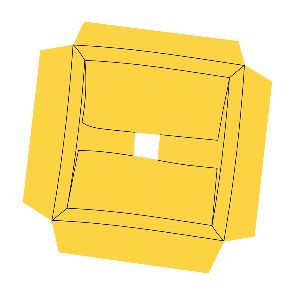Cardboard box top view. A cardboard box for transportation. Flat isolated illustration with doodle elements. An open yellow cardboard box. illustration vector