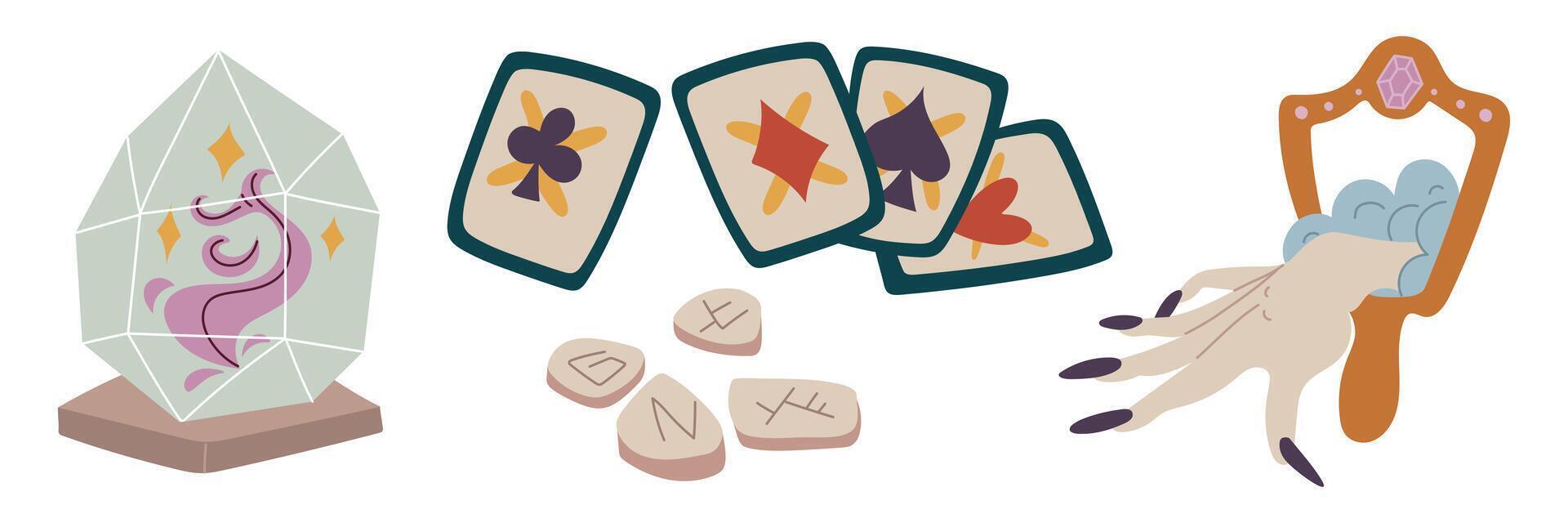 set of cards, runes, mirror with witch's hand, crystal in flat style. Color drawing. Objects fortune-telling. Suitable for fantasy projects, books, games, artwork related to magic, mystical rituals vector