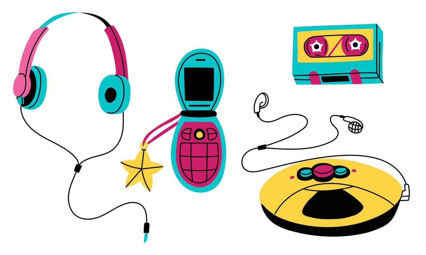 set of musical objects from the 90s in the style of pop art. Player, headphones, cassette, phone. Color illustration in the form of flat doodles. illustration of a music player, headphones vector