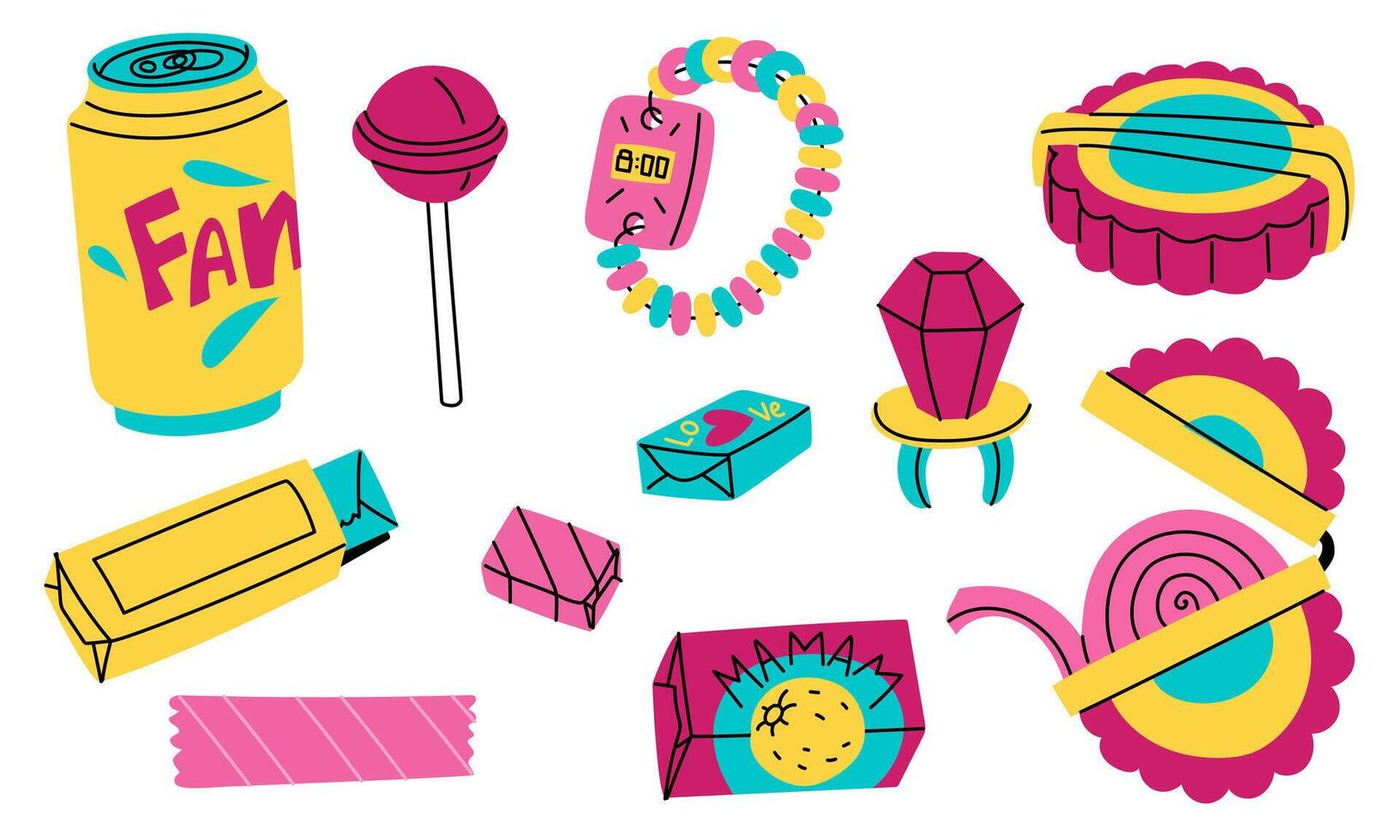 set of various chewing gums, candies, dragees, carbonated drink. Sweet food for teenagers. variety of food. Bright flat color illustration in form of doodles. Highlighted on white. 90s, 2000s vector