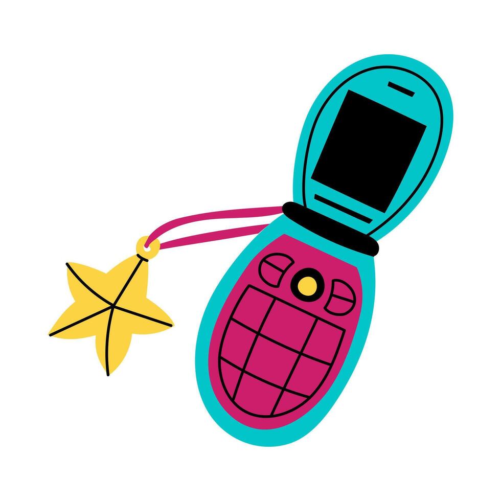 clamshell phone with a keychain. A cute and stylish mobile phone. An old model from the 90s. Hand-drawn illustration. The concept of vintage electronics. Isolated flat doodle illustration vector