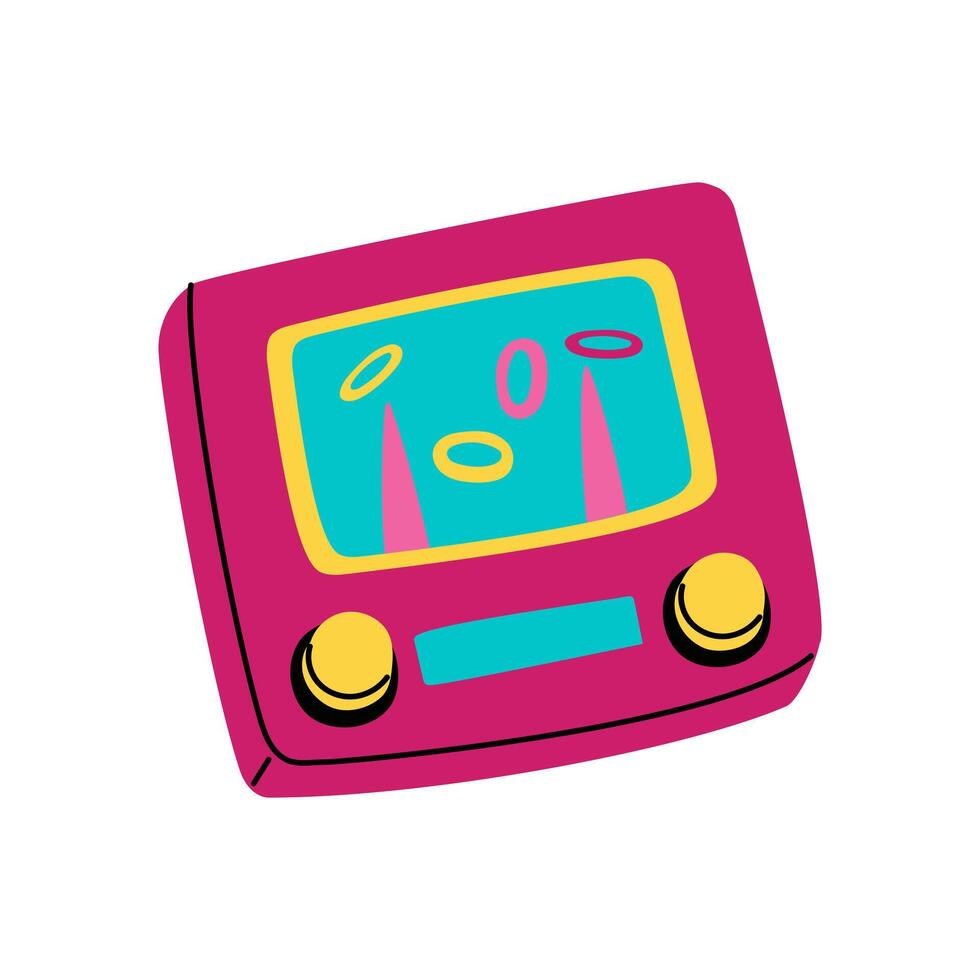 Ring throw, water tetris, catch a ring toy of the 90s. A console with buttons that allows you to throw rings on sticks. Retro children's toy of the 2000s. Bright, flat, isolated illustration vector
