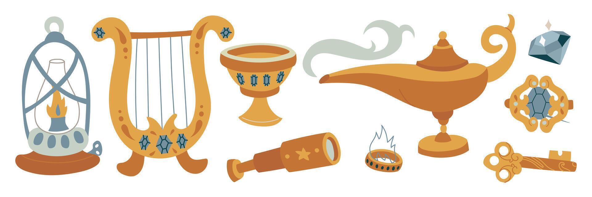 set of magical items. harp, lamp, key, telescope, hairpin, ring in colored flat style. Suitable for fantasy projects, books, games, and works of art related to magic, alchemy, and mystical rituals vector