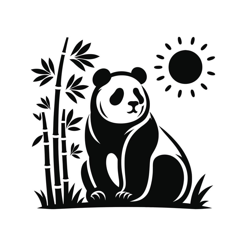 a panda bear sitting in the bamboo with the sun behind it vector