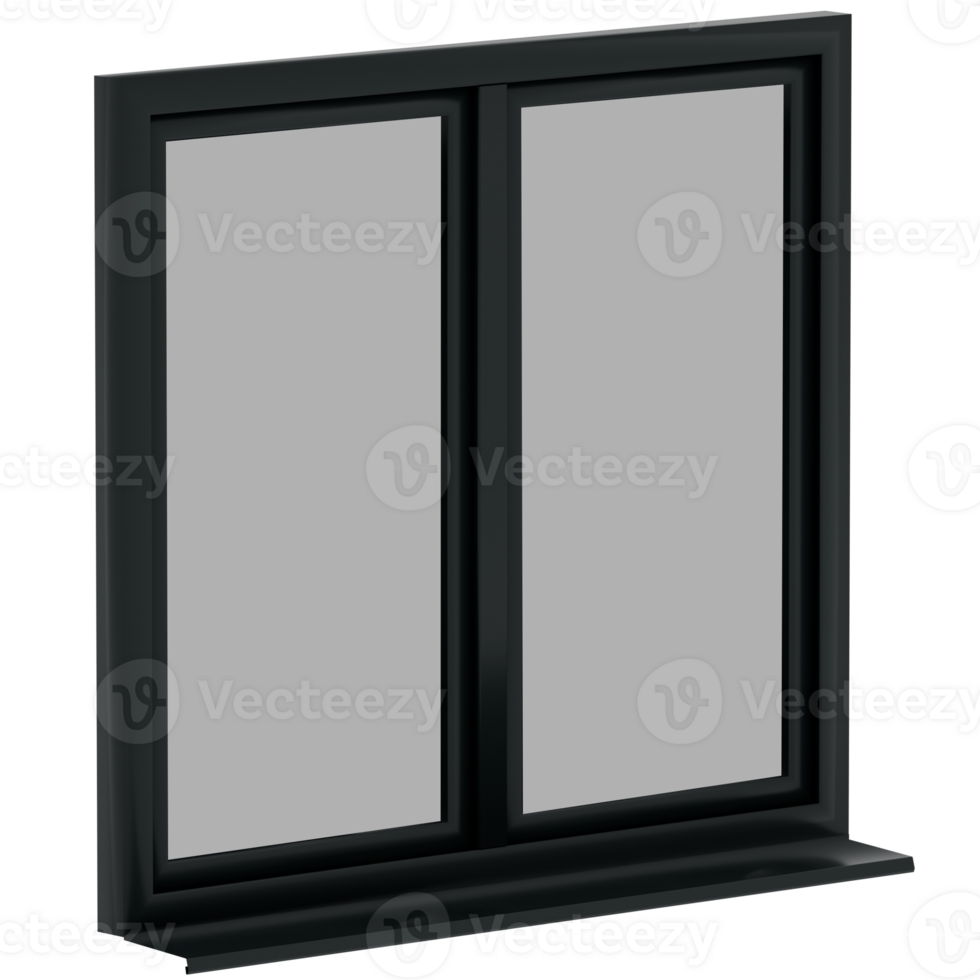 Render black double casement window perspective with transparent background png