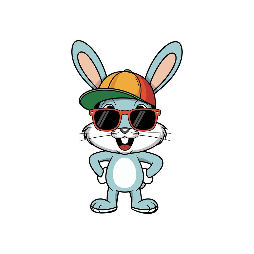 Cool Bunny with Shades A vibrant illustration showcases a cool bunny wearing a cap and sunglasses, emanating a playful and trendy vibe. Capturing the essence of modern style and cheerful personality. vector