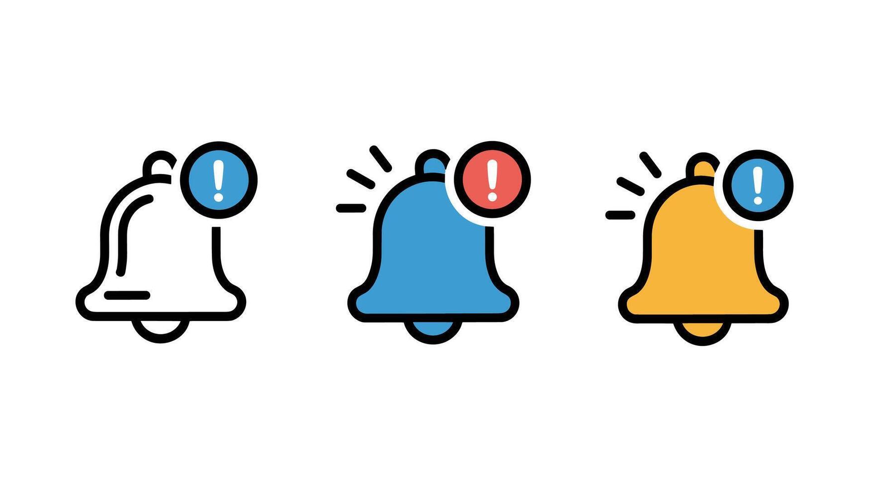 Alerts A collection of bell icons, each representing a different visual style, with accompanying alert symbols and distinct colors, perfect for graphic design. vector