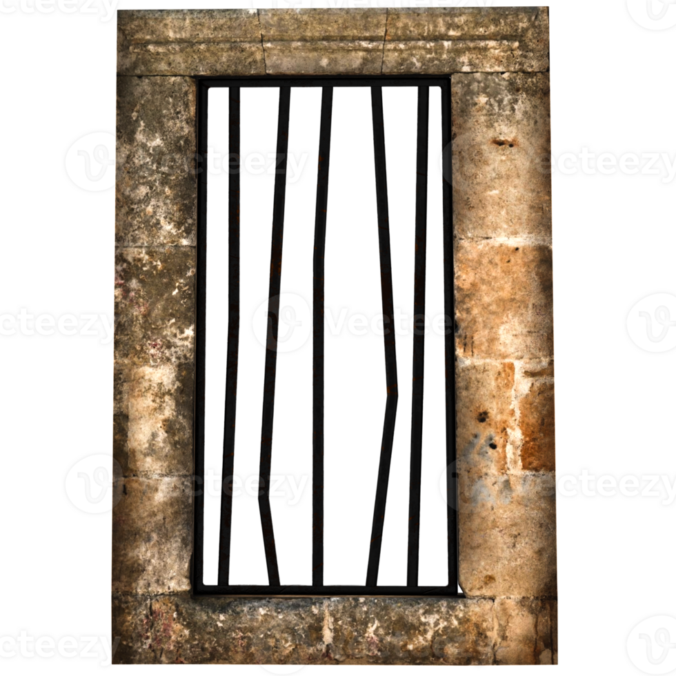 3d render vertical jail window in stone wall with transparent background png