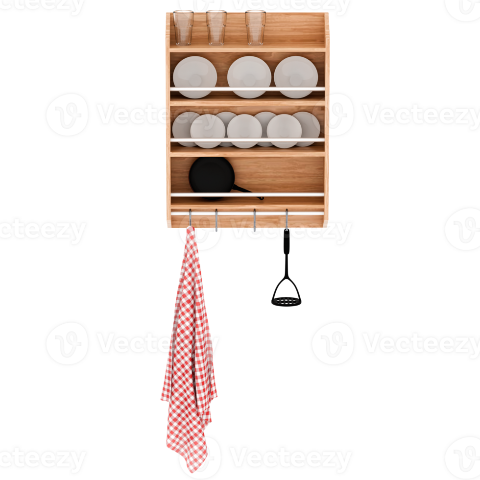 3d render wooden kitchen shelf rack with transparent background png