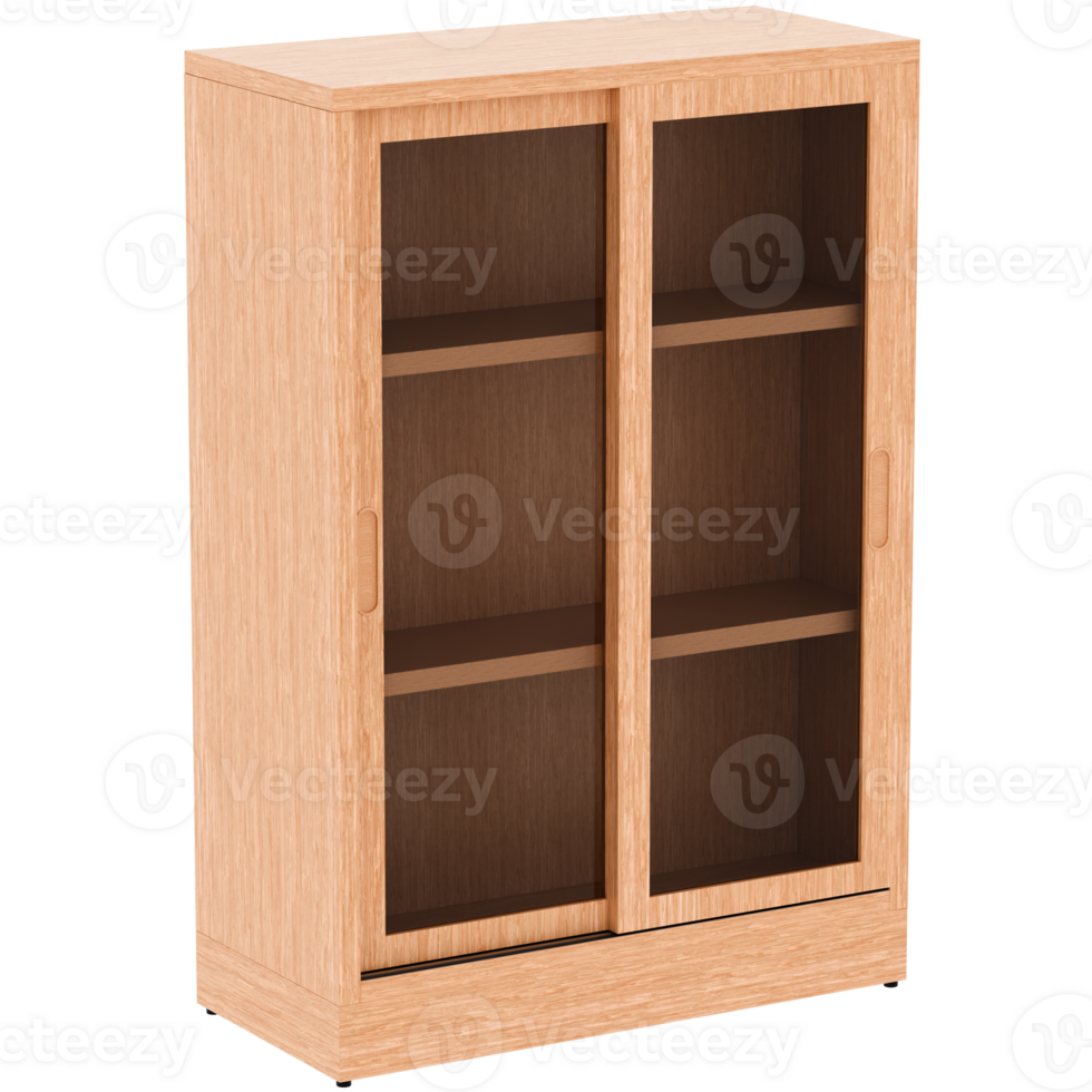 3d render wooden display cabinet shelves with transparent background png
