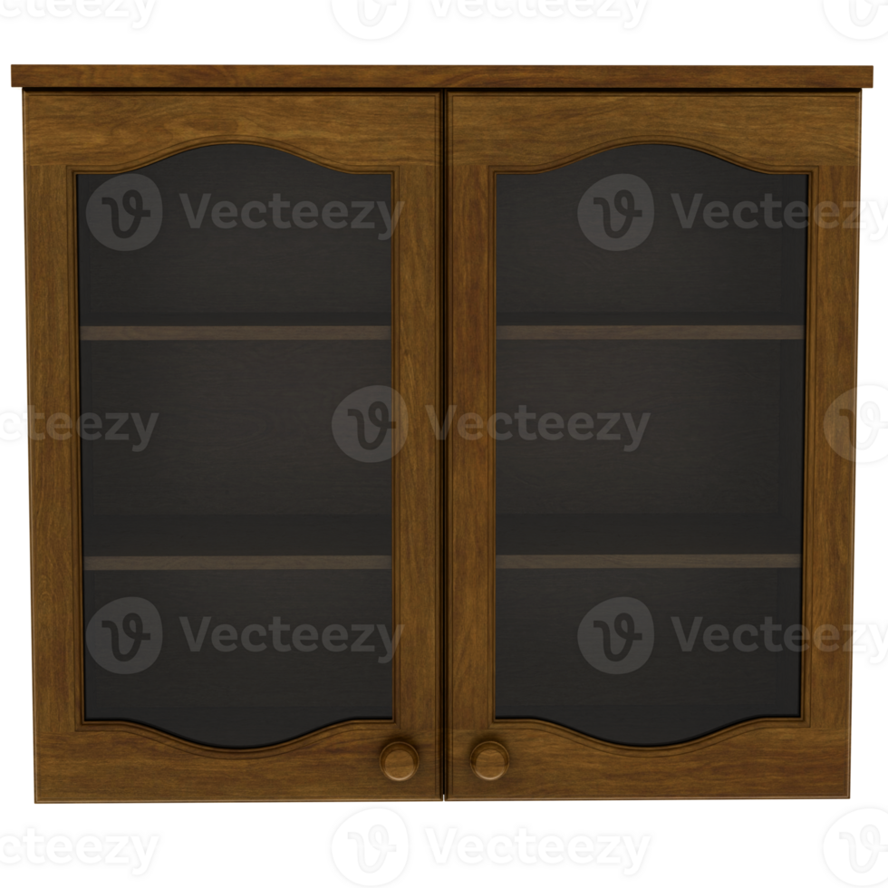 Render upper wooden glass cabinet with transparent background png