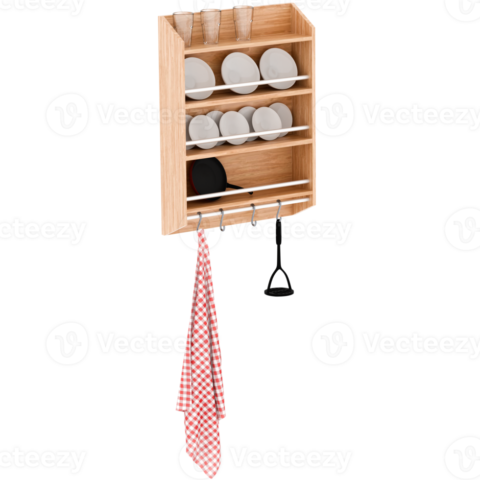 Render wooden kitchen shelf rack with transparent background png