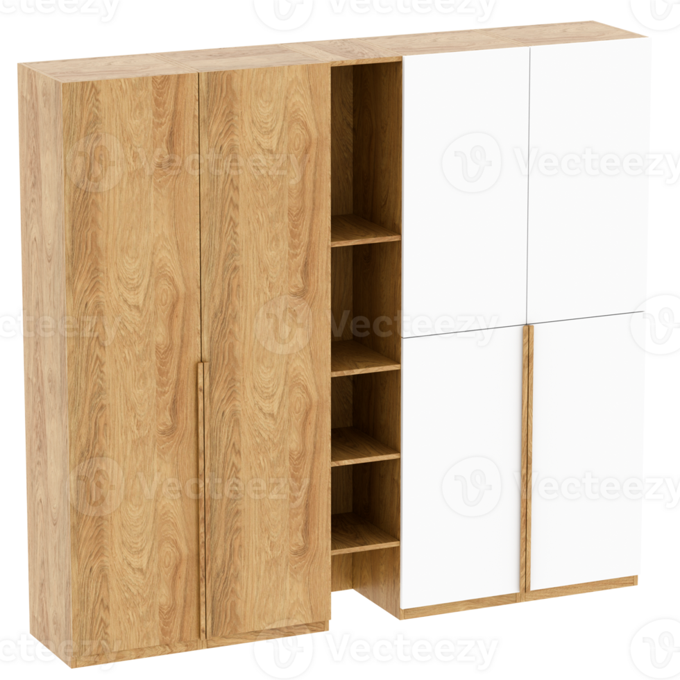 Render wooden and white cabinet with transparent background png