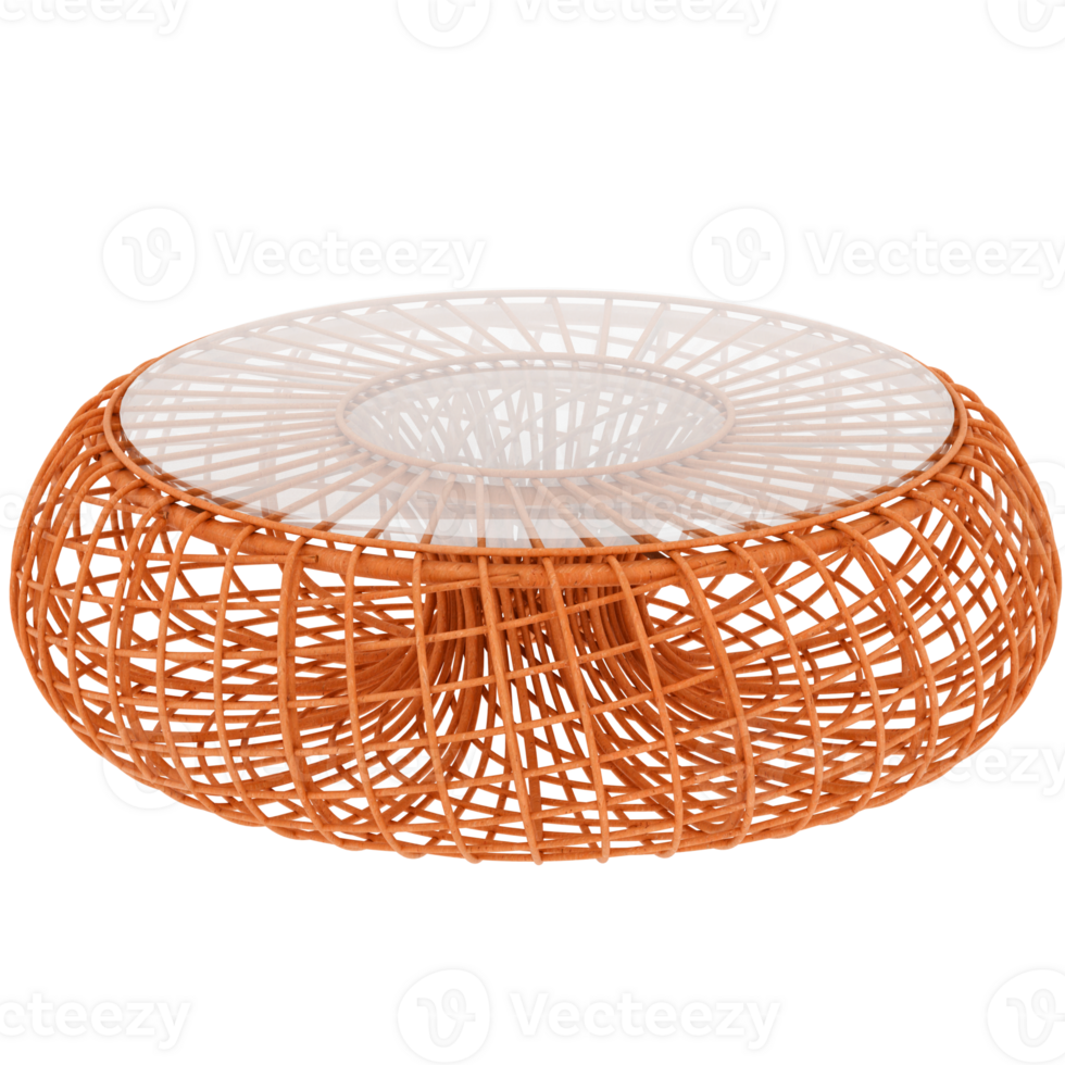 3d render round wicker table glass top with transparent background png